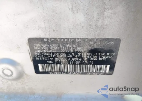 2008 Subaru Impreza 2.5I из США, поврежденный, VIN JF1GE61668H527923